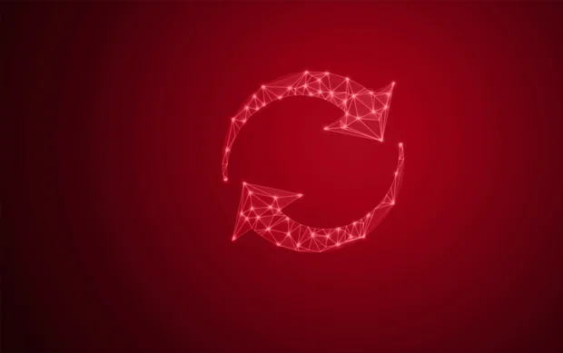 Update Symbol mit zwei rot leuchtenden Pfeilen im Kreis, bestehend aus vernetzten Polygonlinien auf dunkelrotem Hintergrund in moderner Digitaloptik.